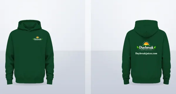 Bottle-green Daybreak hoodies: logo on the left chest, logo and web address across the back