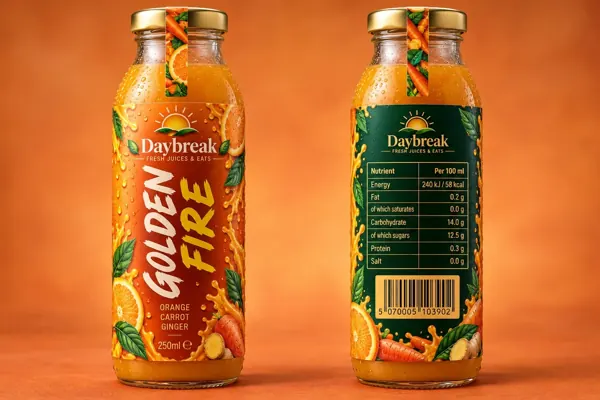 Front and back of the Golden Fire label, with the nutrition panel and barcode on the back